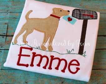 Girls Valentine Dog Puppy Mailbox Mail Heart Personalized Applique Monogram Shirt
