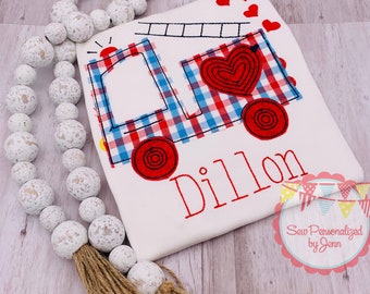 Boys Valentine Fire Truck Heart Personalized Applique Shirt