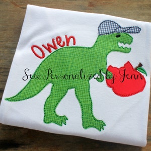 Boys Back to School Dino Dinosaur T Rex Apple Monogrammed Appliqued and Personalized Shirt