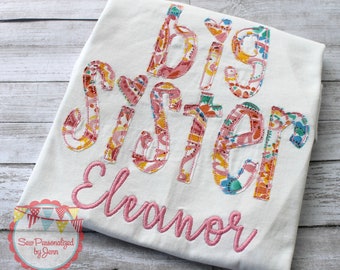 Girls Big Sister Shirt Appliqued Sibling Monogrammed Personalized Shirt