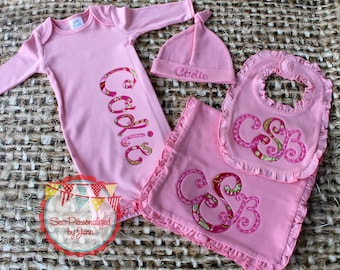 Personalized Baby Girl Gown Set: Monogrammed Cotton Outfit