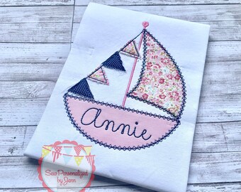 Girls Summer Sailboat Nautical Appliqued Personalized and Monogrammed Shirt
