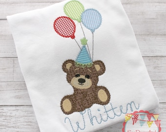 Boys Birthday Bear with Balloons Happy Birthday Personalized Monogrammed and Appliqued Shirt