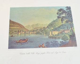 Italian Engraving, View of Villa Tanzi on Lake Como, Vintage