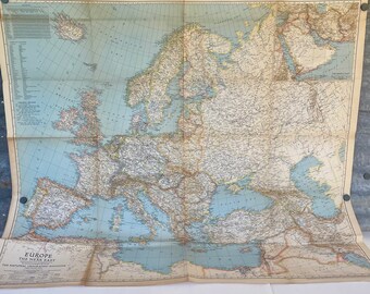 Huge Wall Map, Vintage, Europe and the Near East, 1943 Map, 39" by 34", National Geographic