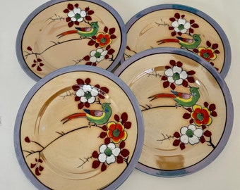 Lusterware Dessert Plates, Hand Painted Parrot, Set of 4, Salad, Bread Plates, Made in Japan