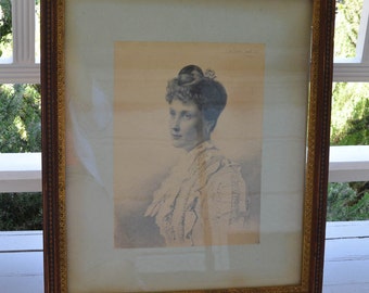 Antique English Engraving, Connecticut History, Portrait of Anita Smith Caldwell 1888 20" by 23", Framed