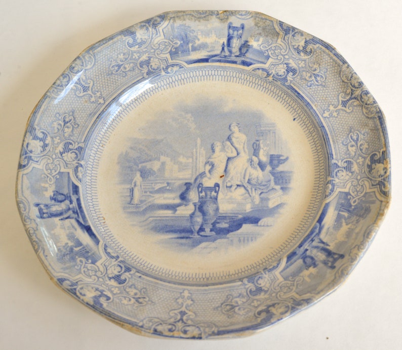 English Ironstone Blue and White Plate, Dinner Plate, T. Goodfellow, Colonna, 1800s imagem 4
