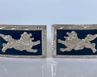 Sterling Silver Cuff Links, Vintage Niello Lion Cufflinks