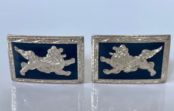 Sterling Silver Cuff Links, Vintage Niello Lion C… - image 1