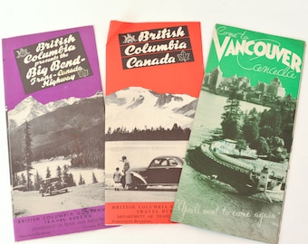 British Columbia and Vancouver, BC Canada Maps and Brochures, 1930s, Group of Three Brochures, Vintage Canada