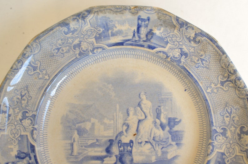 English Ironstone Blue and White Plate, Dinner Plate, T. Goodfellow, Colonna, 1800s imagem 3