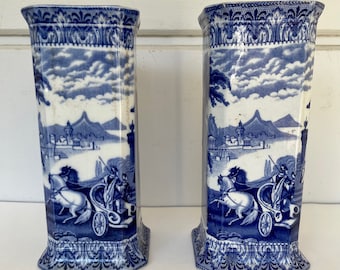 Royal Cauldon Pair of 8 Sided Porcelain Vases, Rare Pair, Horse and Chariot, Octagonal Vases, Made in England