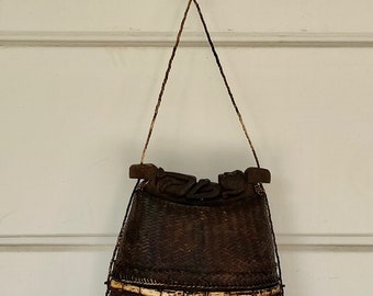 Antique Woven Basket Purse, Carved Wood Base and Top, String Handle