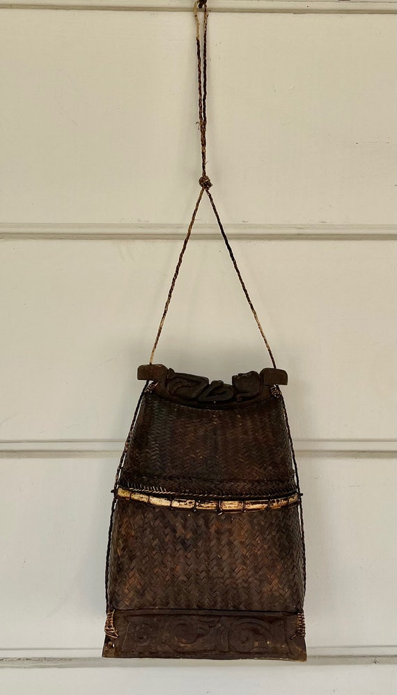 Antique Woven Basket Purse, Carved Wood Base and T
