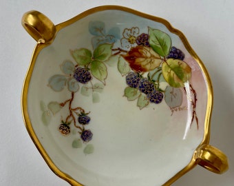 Limoge Handled Bowl, Signed, Berries, D&C, Made in France, French Porcelain, Gold Trim