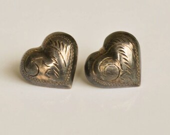 Sterling Heart Earrings, Vintage Puffy Heart Earrings