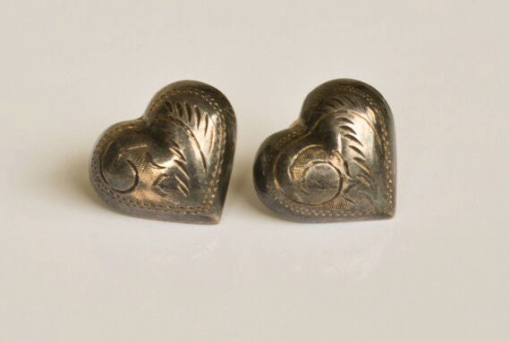 Sterling Heart Earrings, Vintage Puffy Heart Earr… - image 1