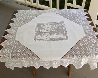 Lace Table Cloth, Vintage White Crochet Table Topper 36" by 36" Romantic Decor
