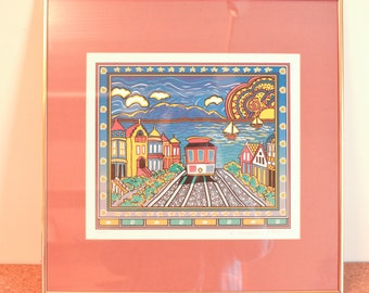 San Francisco Trolly Signed Silkscreen Woodblock Print, Limited Edition, K. Remington, Vintage