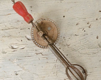 Egg Beater, Wood Handled Egg Beater, Vintage Red Handled Kitchen Utensil