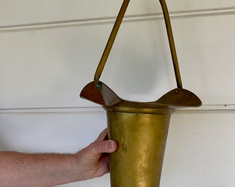 Brass Basket or Vase, Vintage, Tall Brass Handled Basket