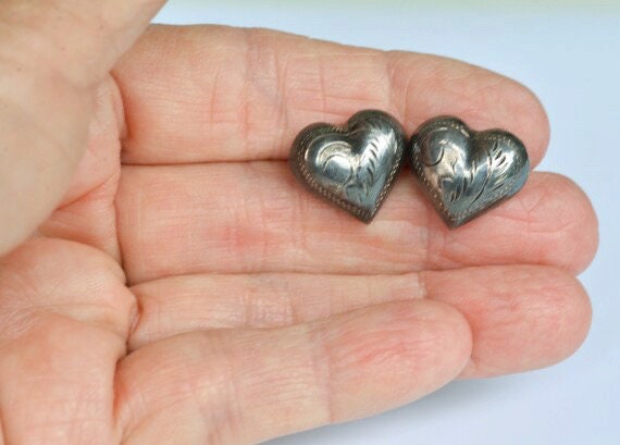 Sterling Heart Earrings, Vintage Puffy Heart Earr… - image 2