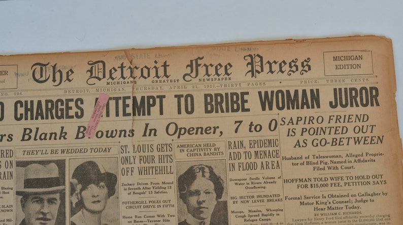 1927 Newspaper, The Detroit Free Press, Authentic Antique Paper, April 21, 1927 image 2