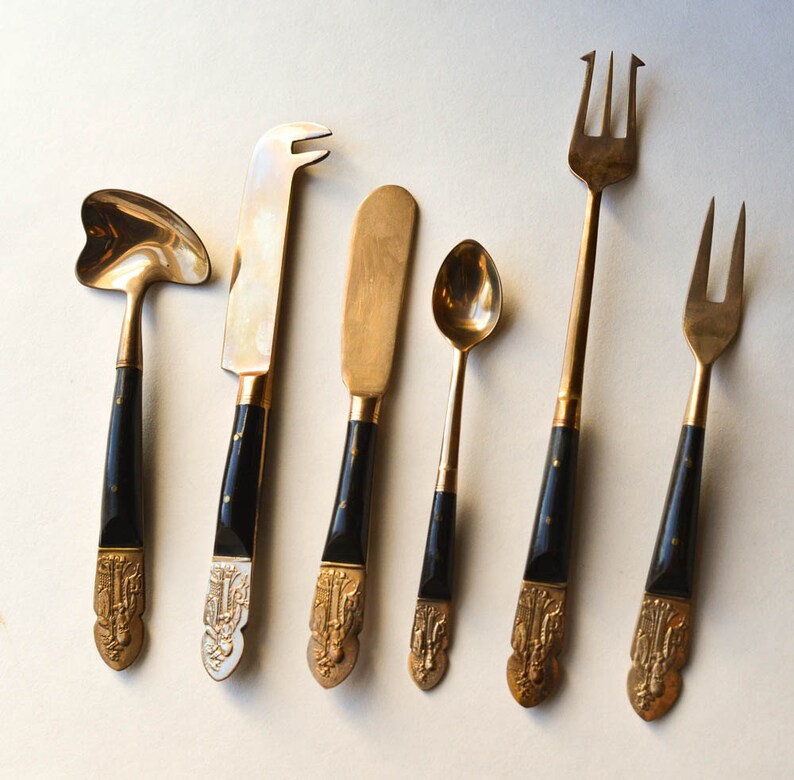 Asian Silverware Set Ebony and Brass Fukurokujo Dessert or Appetizer Serving Set Hong Kong