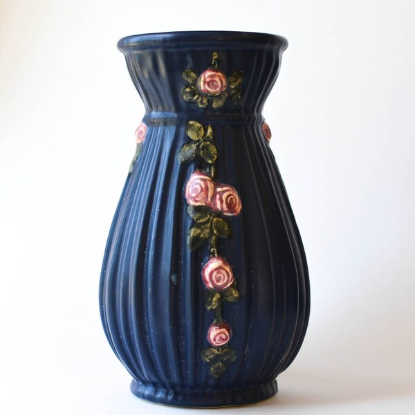 Weller Pottery Blue Drapery Vase Pink Roses Cobalt Blue