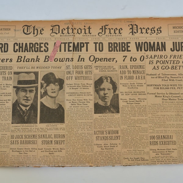 1927 Newspaper, The Detroit Free Press, Authentic Antique Paper, April 21, 1927