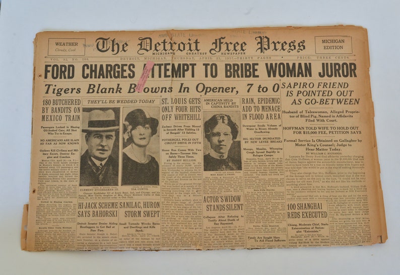 1927 Newspaper, The Detroit Free Press, Authentic Antique Paper, April 21, 1927 image 1