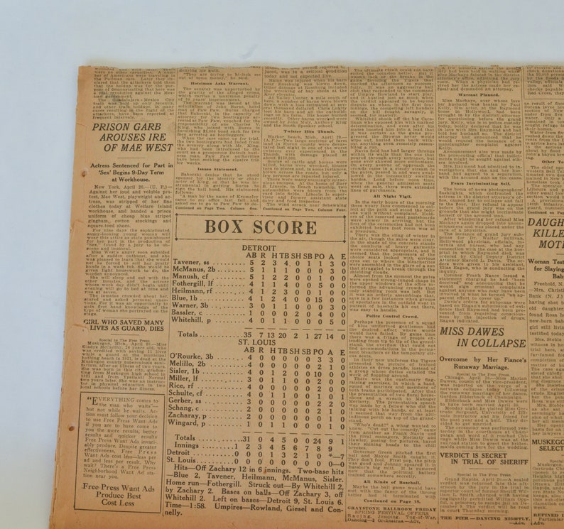1927 Newspaper, The Detroit Free Press, Authentic Antique Paper, April 21, 1927 image 5