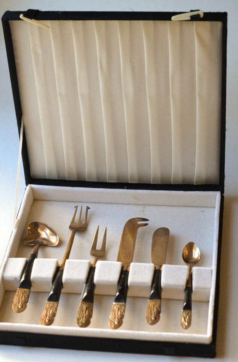 Asian Silverware Set Ebony and Brass Fukurokujo Dessert or Appetizer Serving Set Hong Kong
