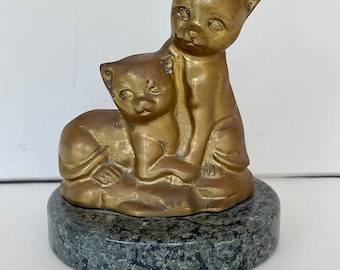 Cat Paperweight, Vintage Brass Kitty, Granite Paperweight