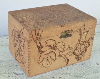 Folk Art Wooden Box, Vintage Hand Decorated, Doodling