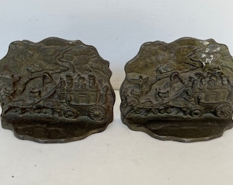 Cast Iron Bookends, Antique, Stagecoach and Horses, Pair of Bookends