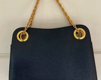 Saks Fifth Avenue Handbag, Vintage Dark Navy Purse, Gold Chain, Designer Purse