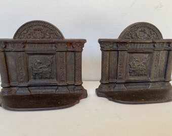 Cast Iron Bookends, Colonial Style, Betsy Ross Sewing Flag, Pair of Heavy Bookends