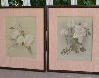 Botanical Prints, Vintage, Framed Pair, Rose and Carnation, Garden Art,  Blush Pink