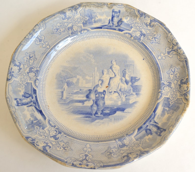 English Ironstone Blue and White Plate, Dinner Plate, T. Goodfellow, Colonna, 1800s imagem 1