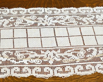 Lace Table Runner, Vintage Filet Crochet Runner, Darned Netting, 42" by 13"