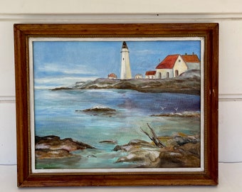Lighthouse Oil On Canvas, Framed, Vintage Nautical Painting, Seascape, Ocean, 21" by 17"