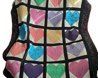 Rainbow Heart Bed Quilt, 55x45 Inch Quilt, Kids Quilt. Quilt with Hearts, Multicolored Heart Shape Quilt, I Love 2 Txt Quilt