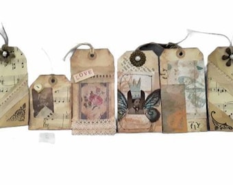 Handmade Collage Style Paper Tags, Junk Journal Embellishment, Tags with Twine, Scrapbooking Tags, Paper Embellishments, Mixed Media Tags