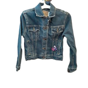 Girls Button Up Denim Jacket with Handmade Fabric Flowers, Blue Jean Jacket, Girls US Size Large, Jean Jacket
