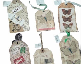 Handmade Collage Style Paper Tags, Junk Journal Embellishment, Tags with Twine, Scrapbooking Tags, Paper Embellishments, Mixed Media Tags