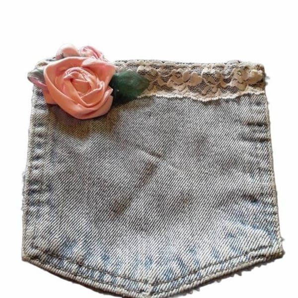 Denim Pocket with Handmade Pink Flower, Junk Journal Embellishment, Clutch Style Purse, Decorative Pencil Holder, Coin Purse, Upcycled Denim