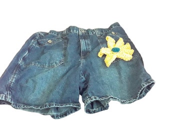 Womens US Size 10 Shorts with a Crochet Sunflower, Choose the Placement of the Sunflower