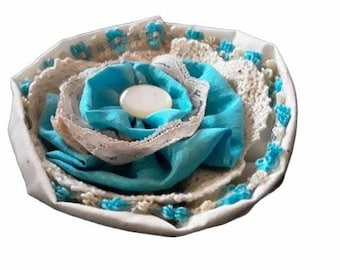 Large Handmade Blue Fabric and Lace Flower